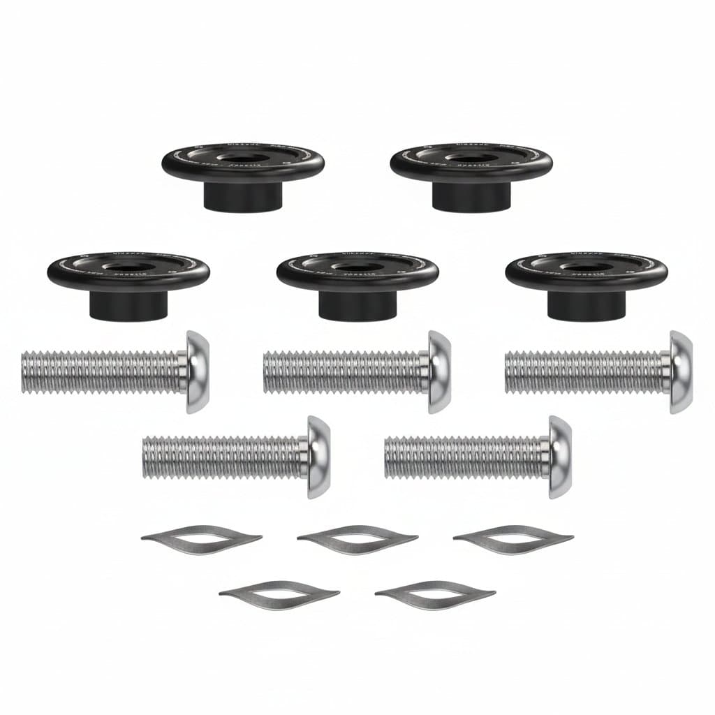 A set of shiny silver brake rotor bolts, precisely engineered for Harley Street Glide and Road Glide models, displayed against a dark background.