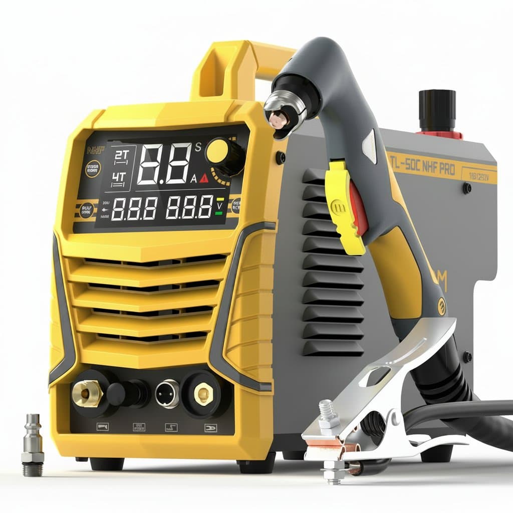 TOOLIOM 50A dual voltage plasma cutter on a workbench, showing digital display, control panel, and torch.