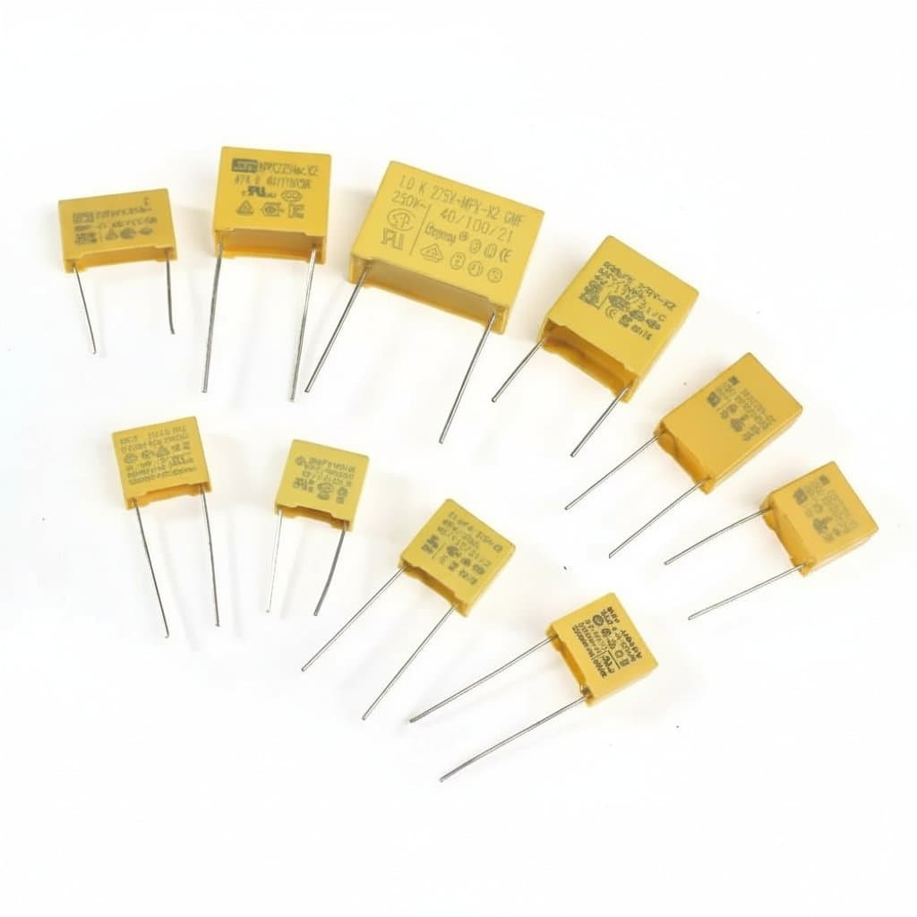 50PCS assorted polyester film capacitor kit with values from 0.047UF to 1UF, 275VAC X2 safety rating for electronics projects