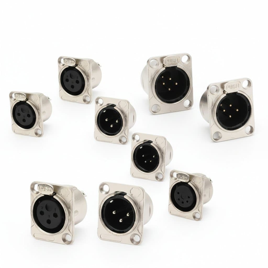 5 to 20 piece set of professional XLR microphone connectors with 3, 4, and 5 pin metal plugs and jacks for audio equipment.