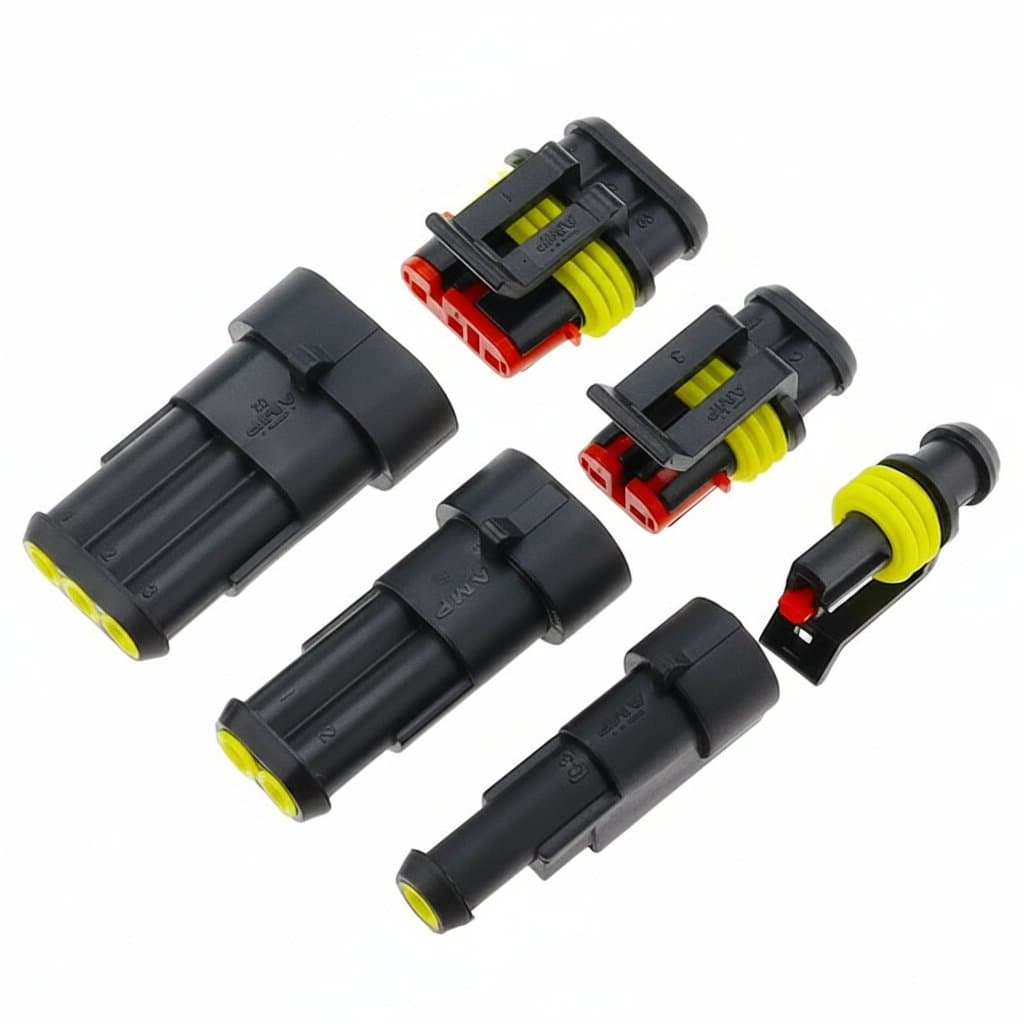 AMP Super Seal waterproof electrical connector kit with 2 to 6 pin plugs for automotive wiring, sealed against moisture and dirt.