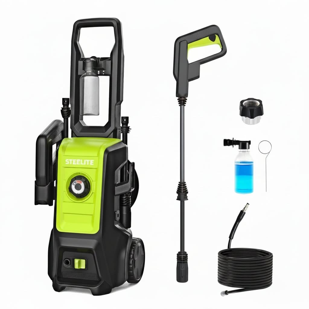 Deli Steelite portable electric pressure washer with 3500 PSI and 2.25 GPM, features adjustable nozzles and an extended hose for power cleaning.