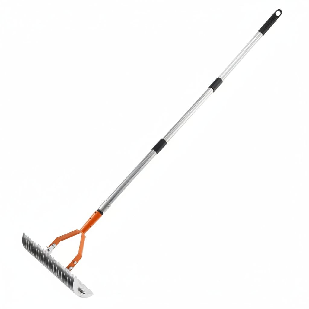 Stainless steel garden thatch rake for grass grooming, removing dead grass and leaves while loosening soil for lawn health.