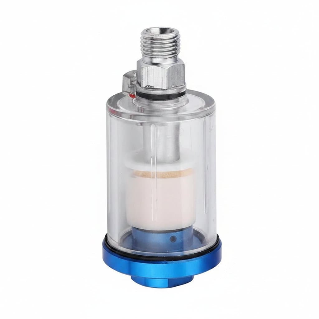 1/4 Inch NPT air compressor moisture trap filter for spray guns, featuring a metal bowl and automatic drain to remove water and oil.