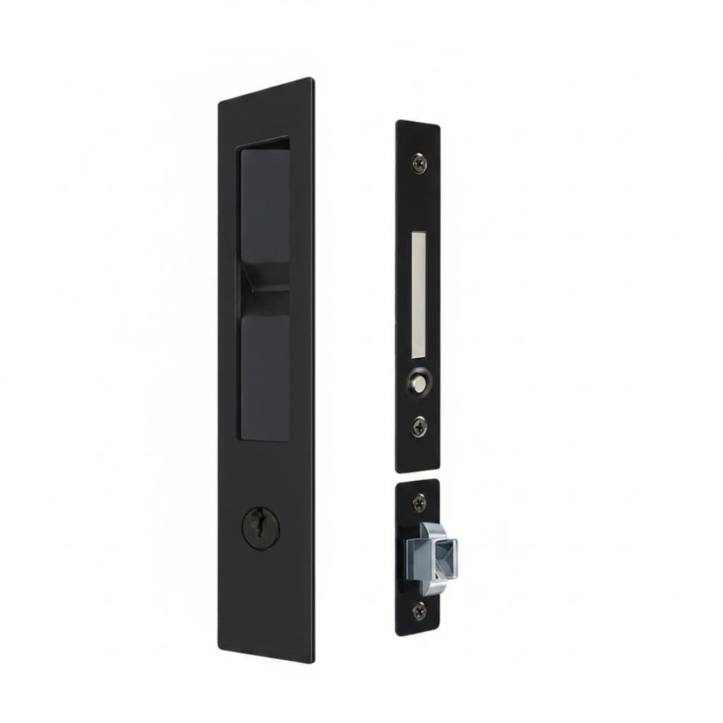 Spring-loaded pocket door handle with built-in lock hardware, designed for hidden installation on sliding or shift doors.