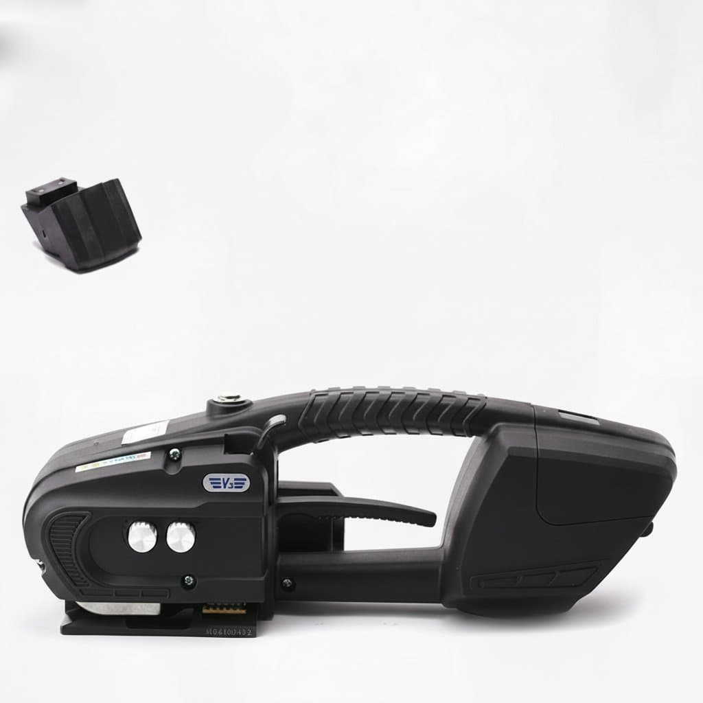Portable electric strapping machine with rechargeable battery, tensioning PP and PET plastic or steel strapping with a hot melt seal.