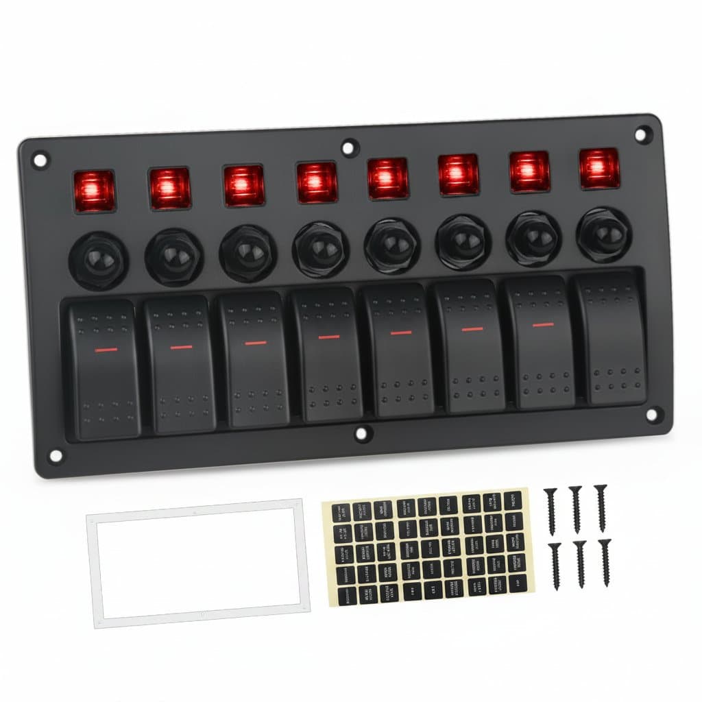 8 gang marine boat rocker switch panel with LED backlighting and integrated circuit breakers for 12V 24V systems in boats, RVs, and trucks.