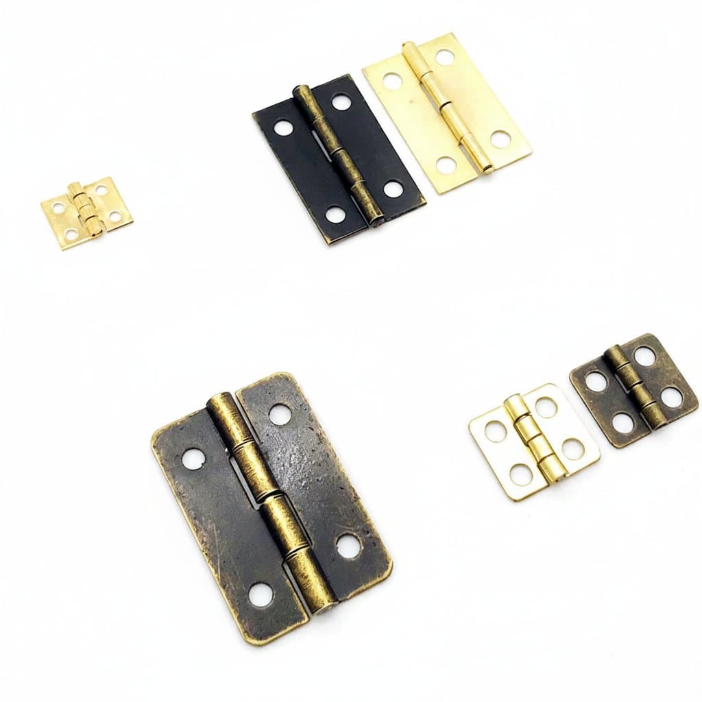 Set of 12 mini heavy-duty hinges in 4 sizes with screws, ideal for jewelry chests, gift boxes, wine cases, dollhouses, and small wooden cabinets.
