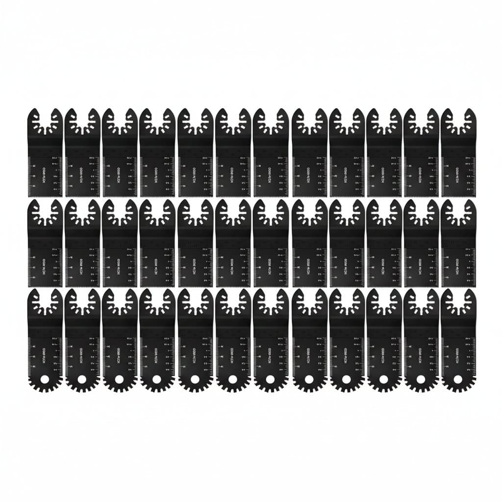 10 to 100-piece oscillating multi-tool blade set for fast cutting of wood and metal, featuring durable carbide grit and bi-metal construction.