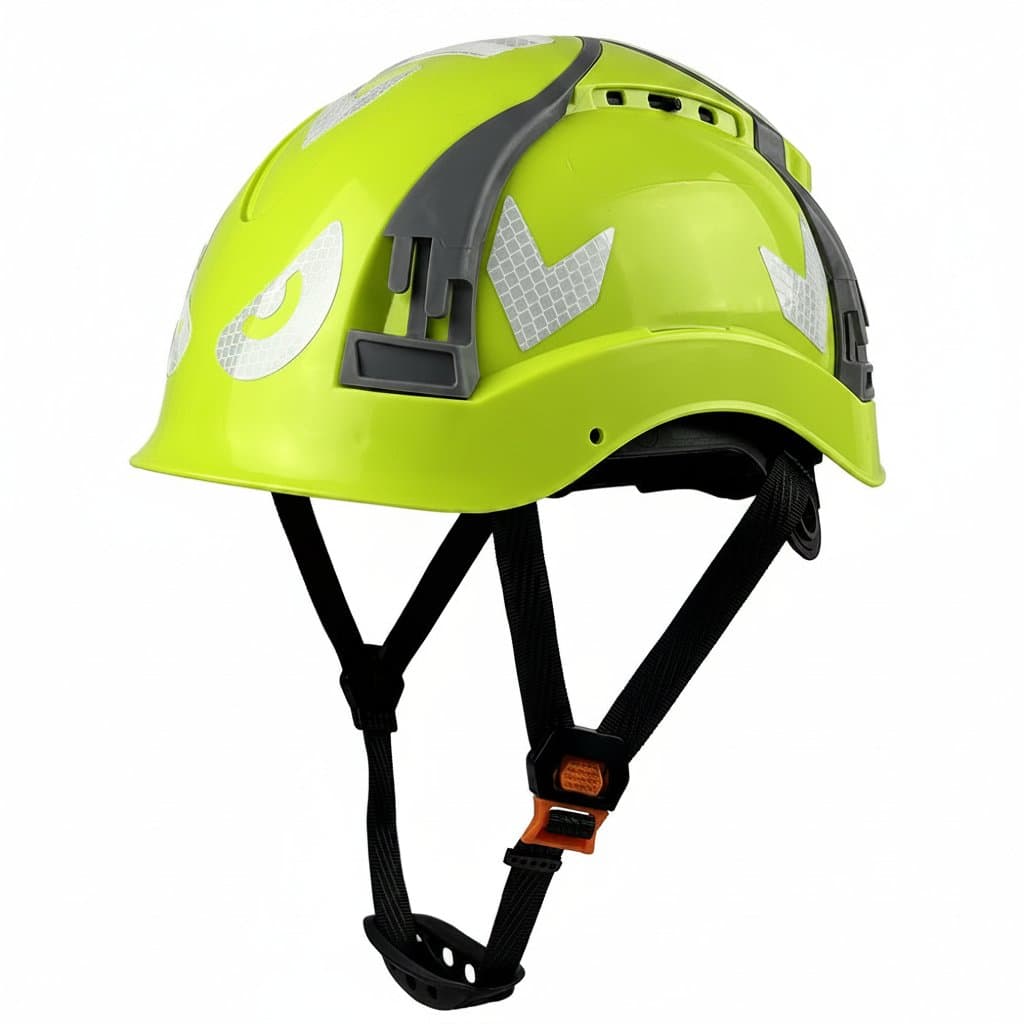 CE-certified ABS safety helmet with adjustable ventilation system and reflective stickers for construction workplace head protection, meeting ANSI standards.