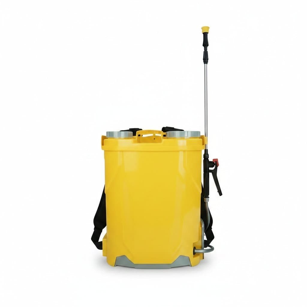 Battery Powered Sprayer Backpack: product box, person wearing it, and accessories.
