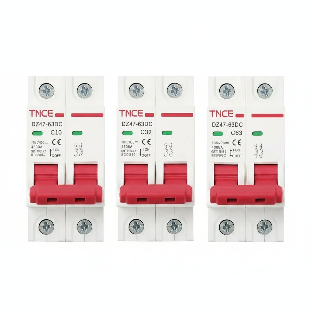 TNCE C Type Mini Circuit Breaker for DC systems, a 2-pole 10A to 63A overload protector mounted on a gray din rail.