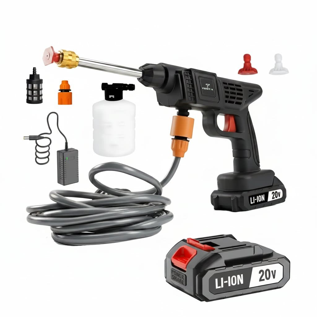 Electric high-pressure washer gun powered by a 20V Makita lithium battery, suitable for car cleaning and garden irrigation tasks.