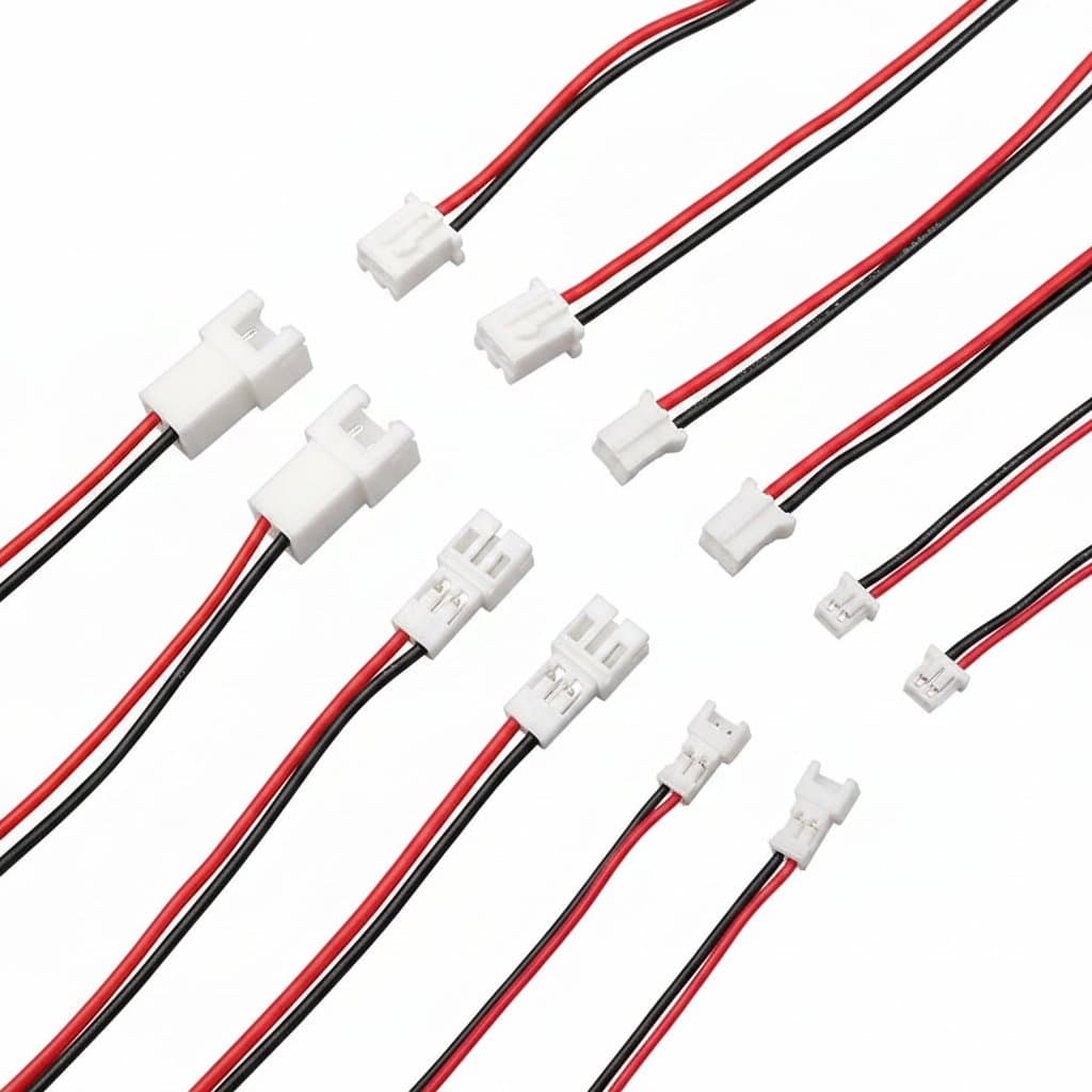 5/10Pairs Mini Micro JST 1.25mm, PH 2.0, and XH 2.54mm pitch 2-pin male and female plug connectors with wire cables for electronics projects.