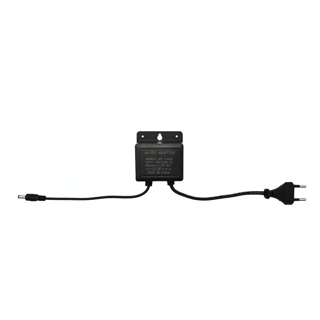 DC12V 2A waterproof EU power adapter for CCTV cameras, with universal AC input and a 5.5mm x 2.1mm DC plug for security systems.