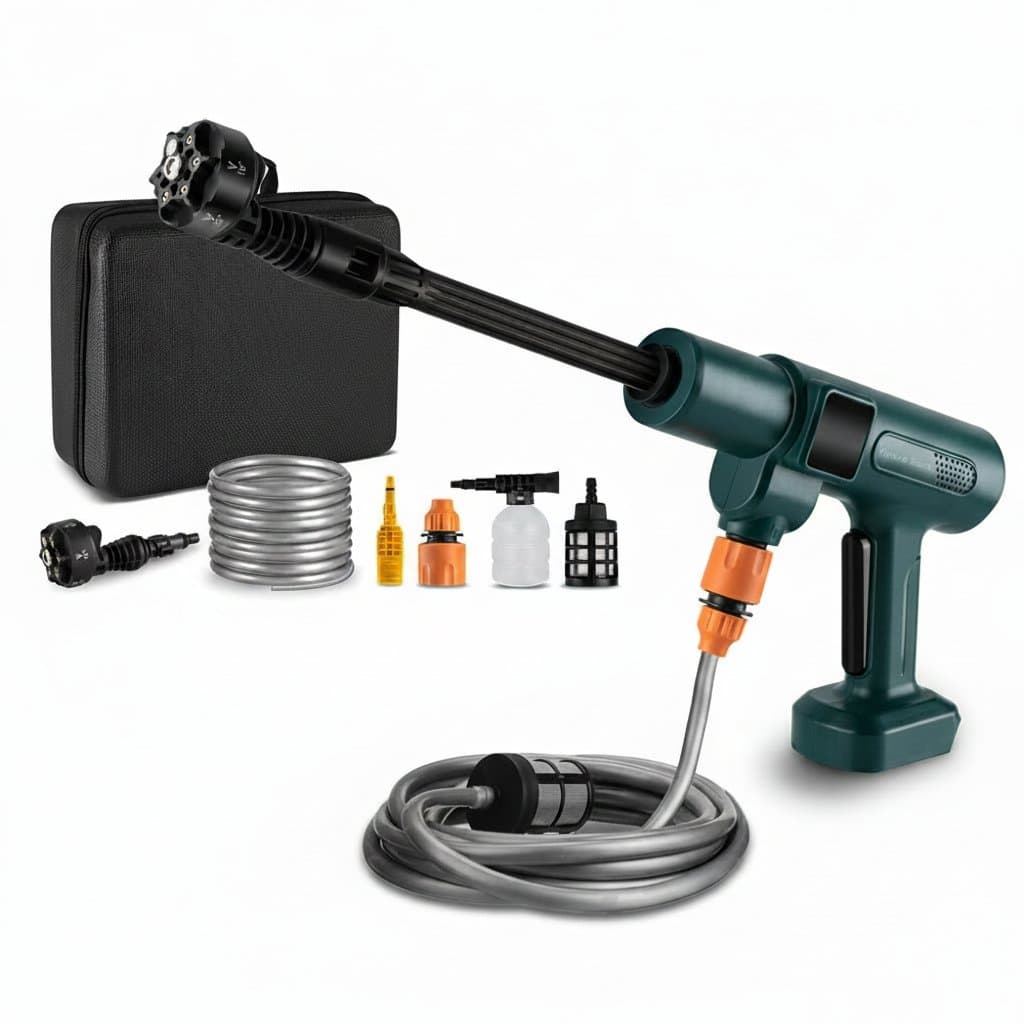 NEWBENY 200Bar brushless high-pressure car washer gun with 6-in-1 nozzle, powered by Makita battery, for garden and vehicle cleaning.