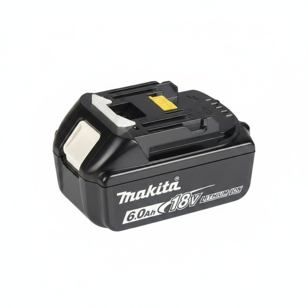Authentic Makita 18V 6Ah LXT lithium-ion battery for power tools, showing front label and power terminals.