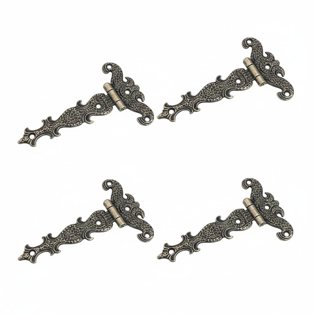 Set of 4 heavy-duty zinc alloy antique T-hinges with screws. Decorative 69x113mm barn door hinges suitable for cabinets and wooden boxes.