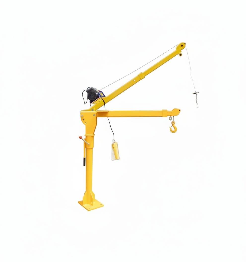 Portable 2-ton electric hoist with 360-degree rotatable telescopic boom, mounted on a vehicle for mobile lifting and material handling.