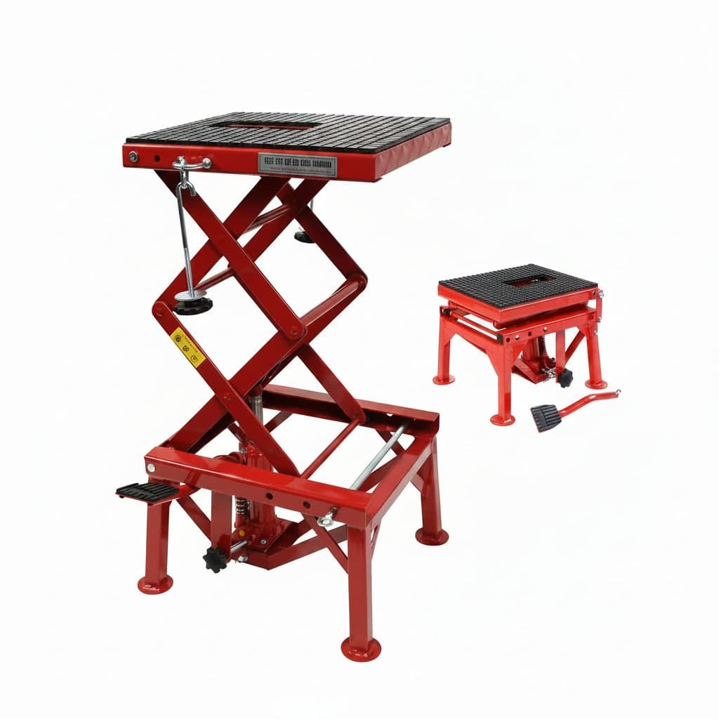 Hydraulic Motorcycle Lift Jack with 300 lb capacity, a portable steel ATV lift stand and hoist for workshop maintenance.