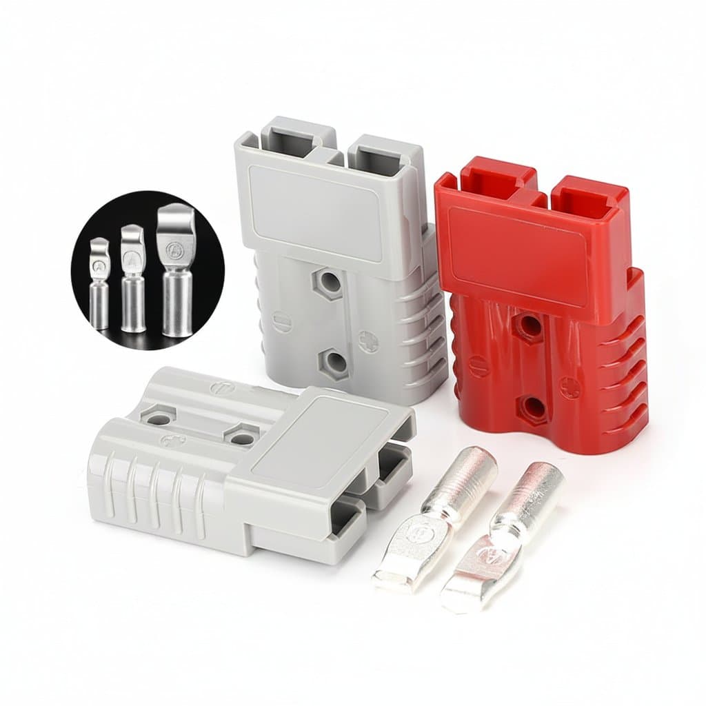 50A to 350A DC quick disconnect connector set for battery, towing, and winch applications, featuring 600V rated plugs and wire harness.