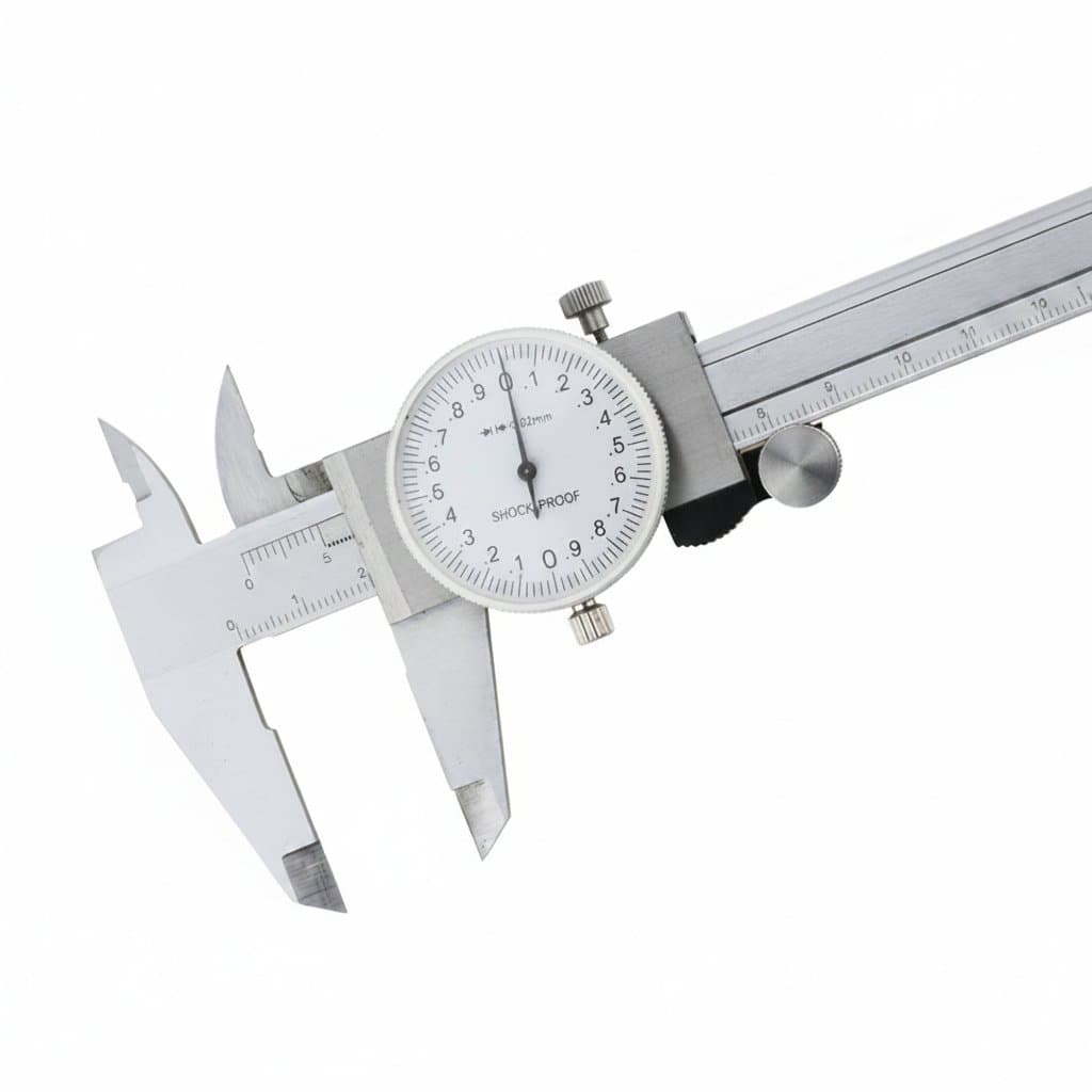 A close-up of a stainless steel Vernier caliper, a precision measuring tool, with its jaws slightly open, used for carpentry or to measure a brake caliper.