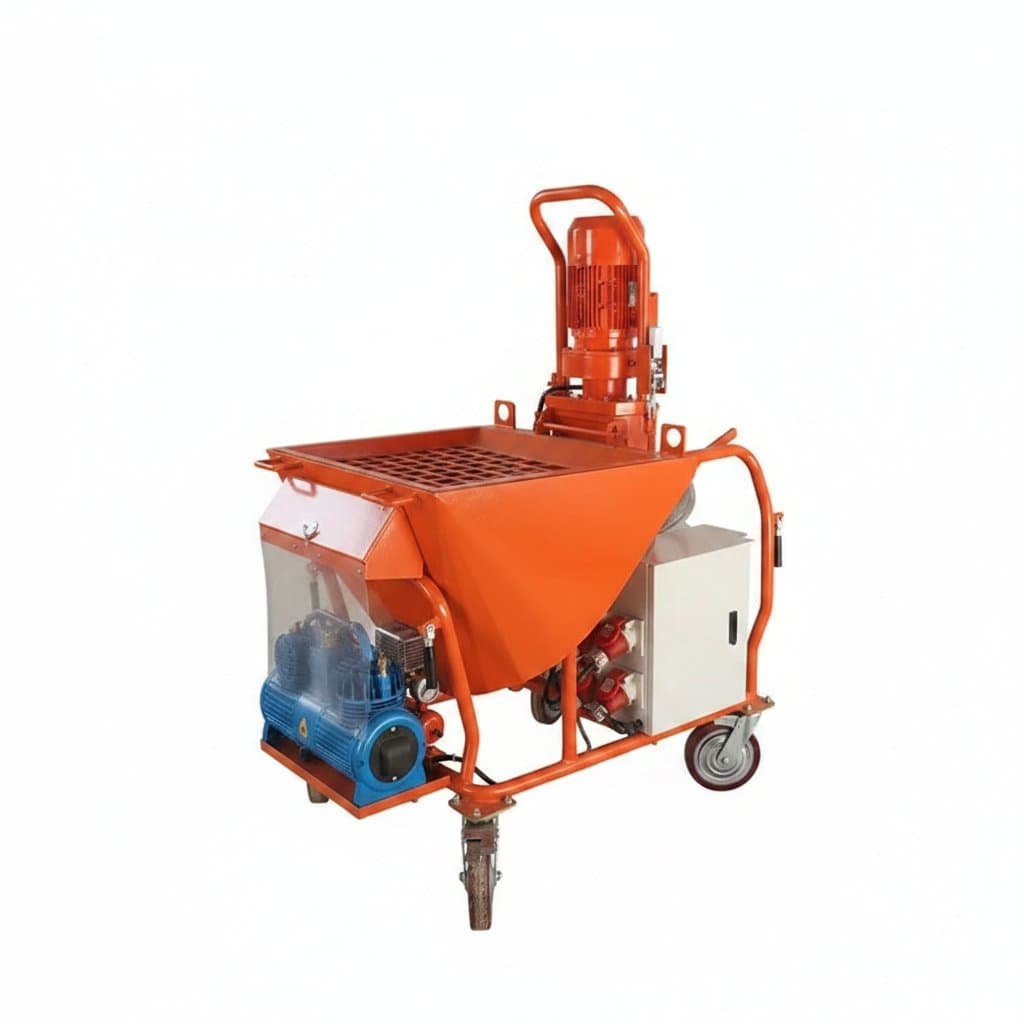 Advanced technology mortar spraying machine for cement, gypsum, and stucco application on walls and ceilings.