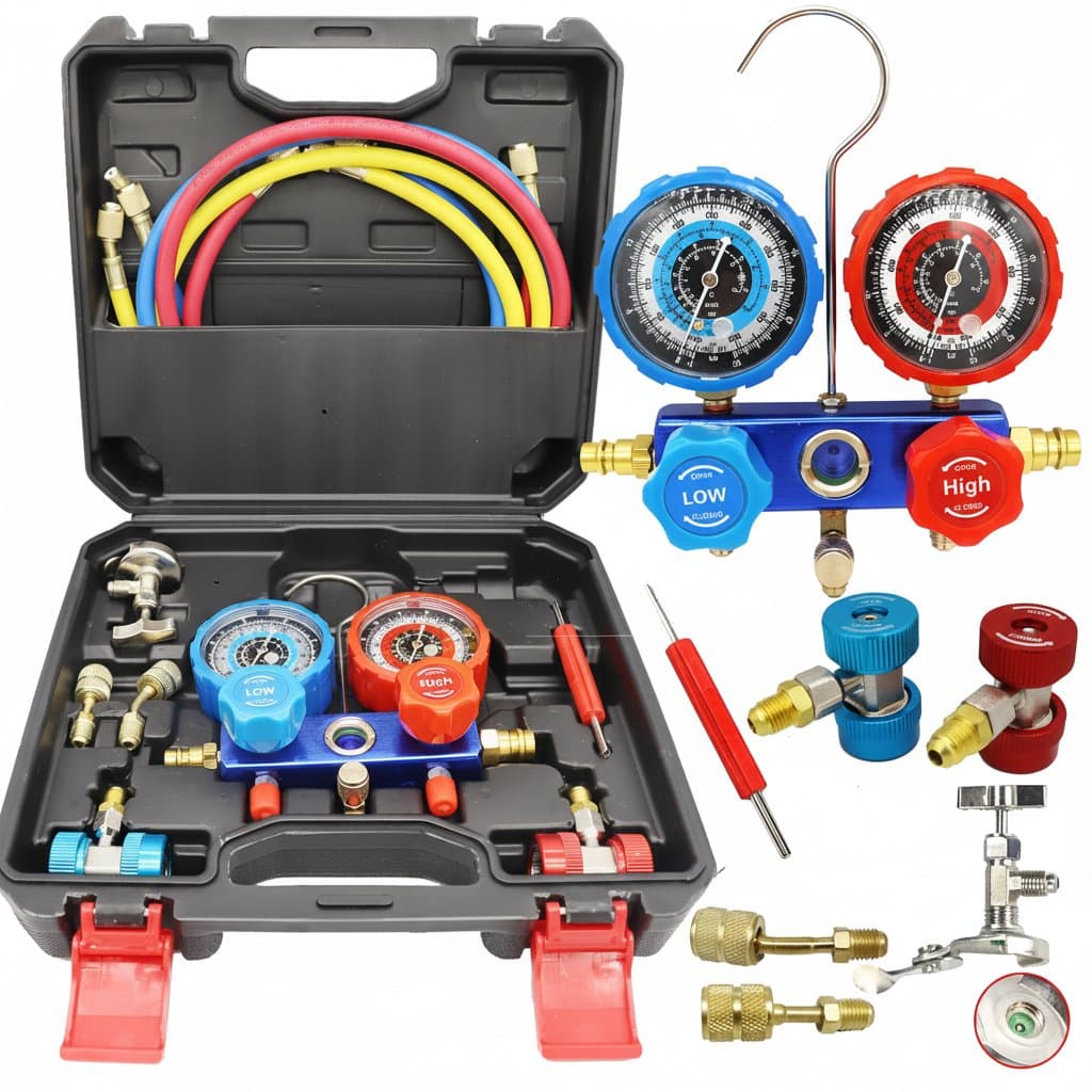 A comprehensive car AC recharge kit featuring a manifold gauge set and hoses for various refrigerants.