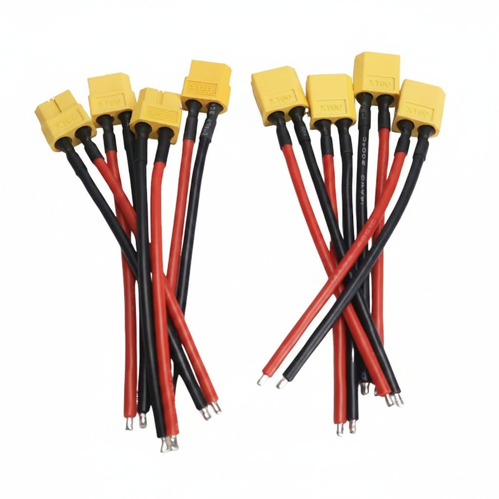 4pcs XT60 battery connector set with male and female plugs, 10cm 14AWG silicone wire for RC drone, airplane, and FPV LiPo battery ESC connections.