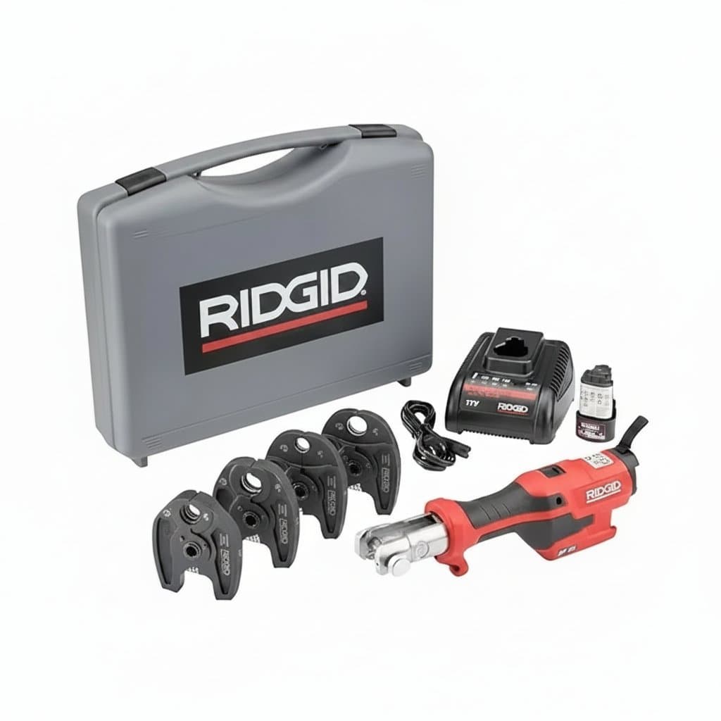 RIDGID RP 115 Mini Press Tool battery kit with PureFlow jaws for 1/2-inch to 3/4-inch pipes, shown with battery and charger.