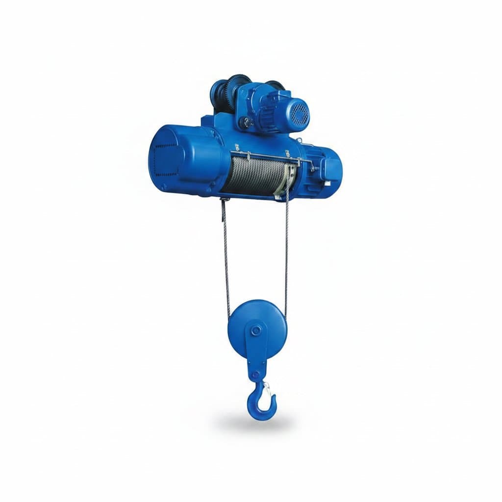 Heavy-duty hoisting gantry with hand-pulled electric hoist and wire rope winch for warehouse and construction site material handling.