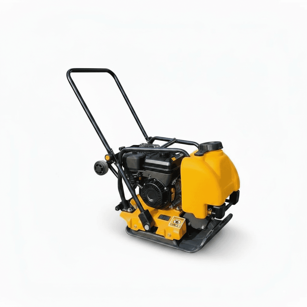 Vibrating plate compactor for road pavement and excavation work, designed for compacting soil, gravel, and asphalt on construction sites.