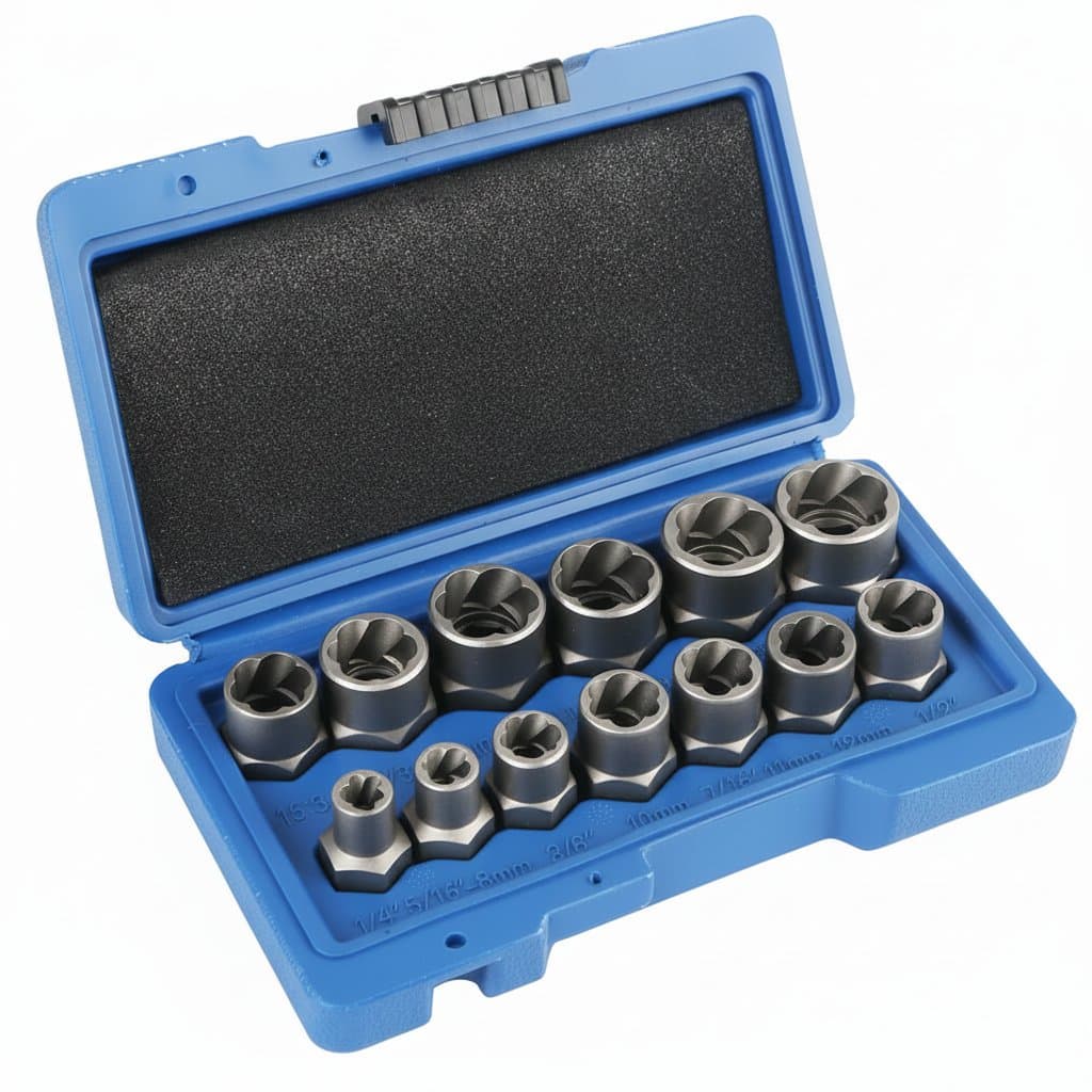 Car Tool Kit with 14-piece damaged screw extractor socket set, 6.35mm to 19mm, made from durable chrome-molybdenum steel for bolt and nut removal.