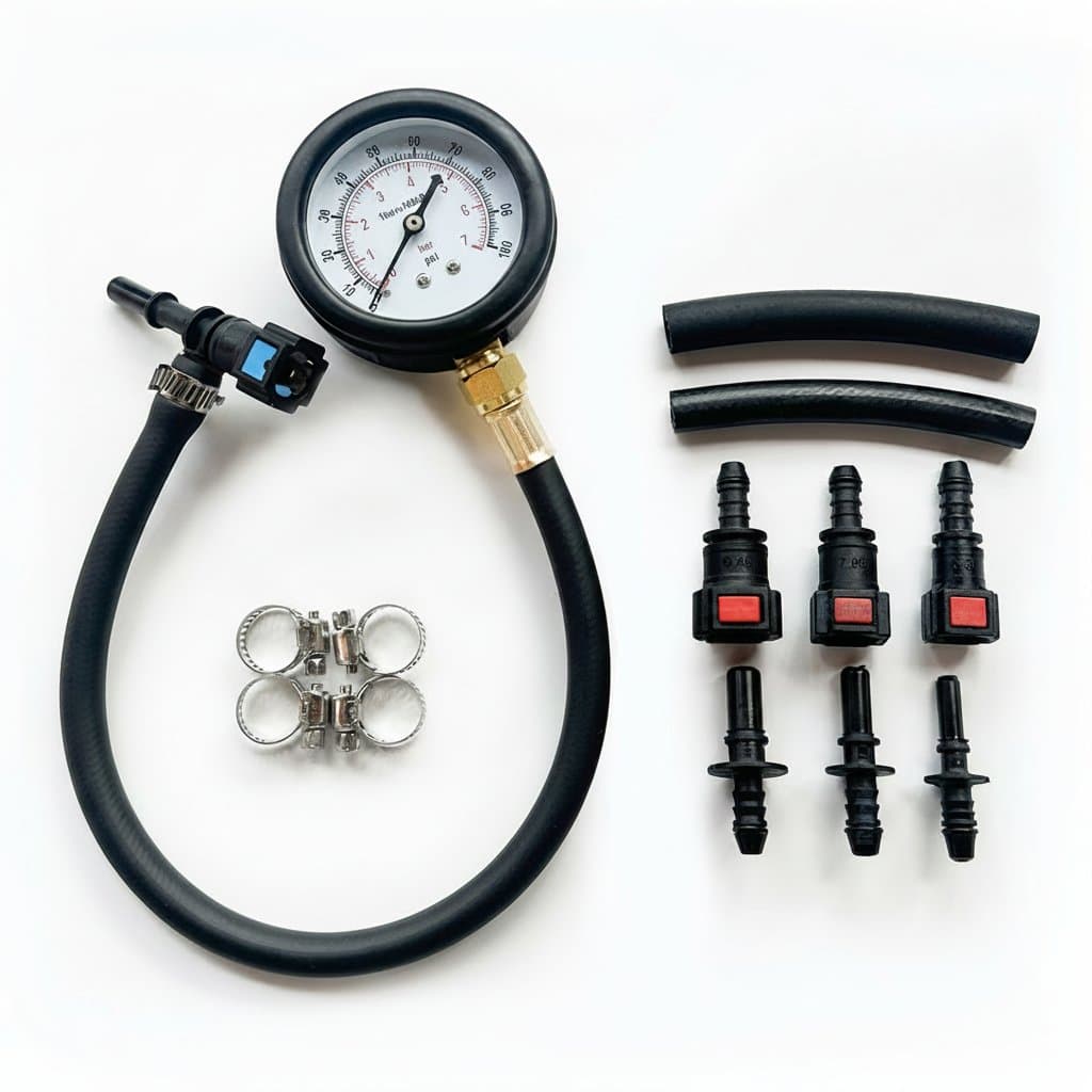 A comprehensive fuel pressure gauge test kit, 0-100PSI, for cars, motorcycles, and trucks.