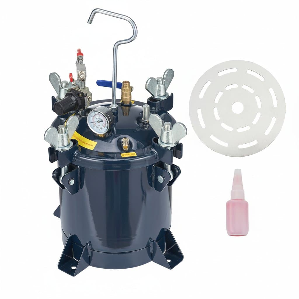 10-liter spray paint pressure pot tank with metal rack, for industrial sealant and paint applications, includes leak repair components.