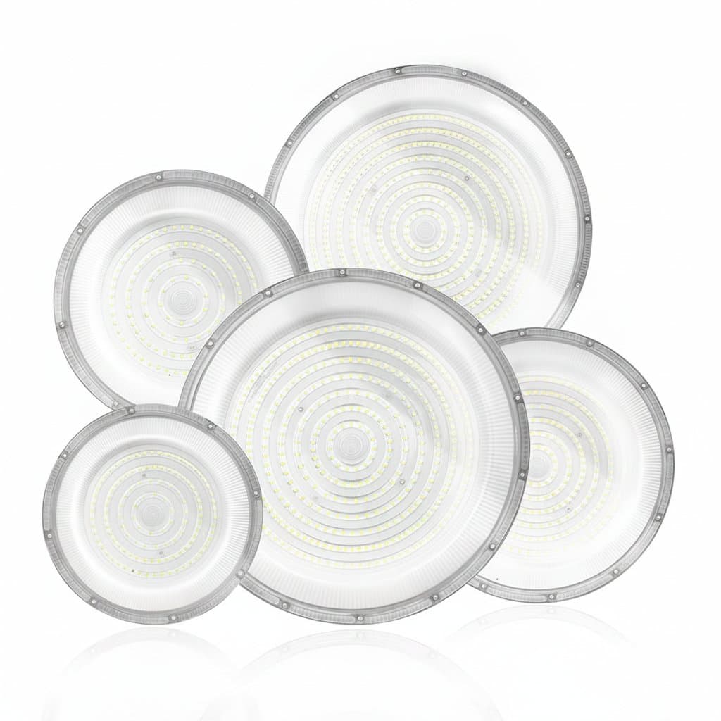 LED UFO High Bay Light for industrial spaces, 50W to 600W, with a durable white housing for warehouse, factory, and gym ceilings.