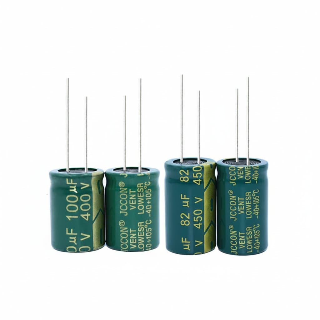 Assorted aluminum electrolytic capacitors with voltage ratings from 6.3V to 450V and capacitance values from 1uF to 1000uF for electronic circuits.