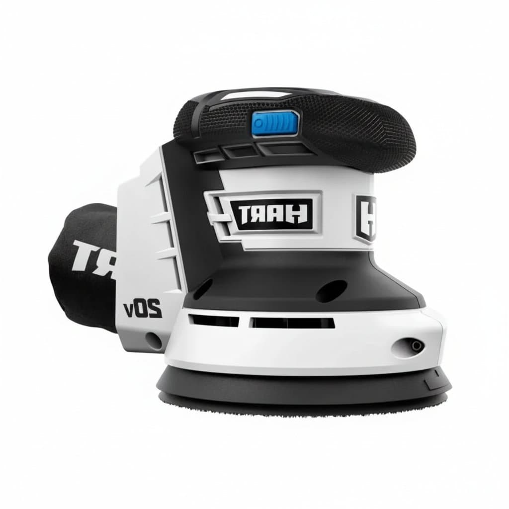 HART 20V cordless random orbit sander with dust bag, battery not included, for portable sanding tasks.