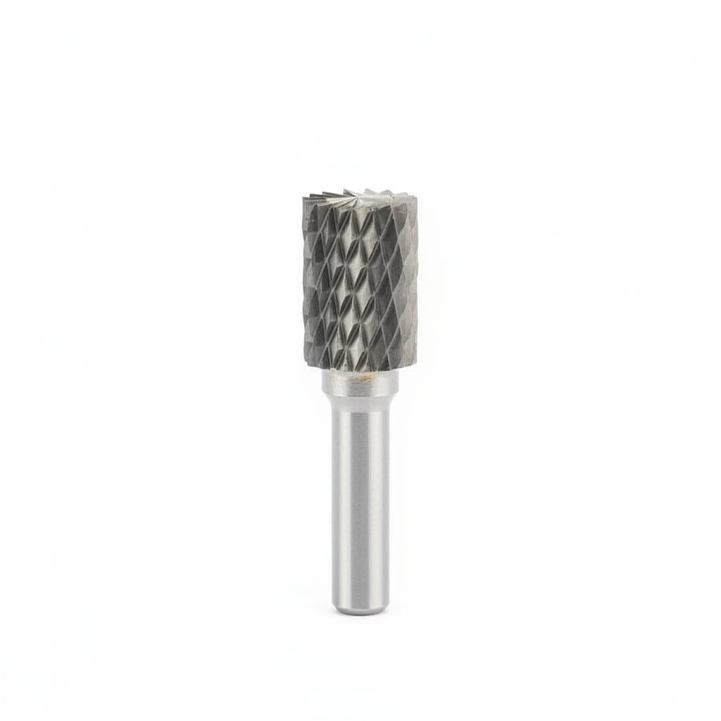 Solid tungsten carbide burr with AX cylindrical shape and double-cut teeth for die grinder applications in metalworking and fabrication.
