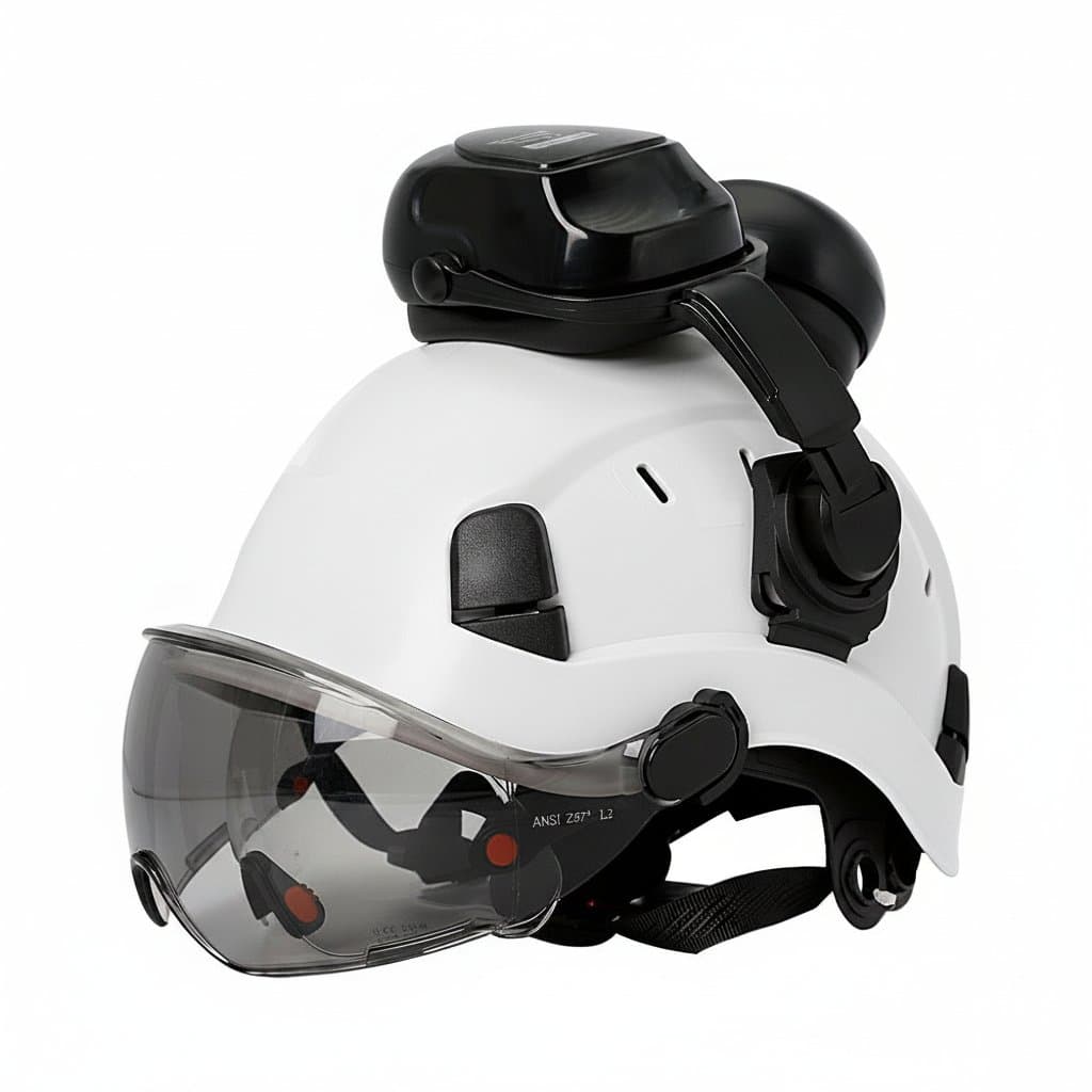 ANSI Forestry Safety Helmet 3-in-1 with integrated chainsaw face shield and ear muffs for arborist and logging head protection.