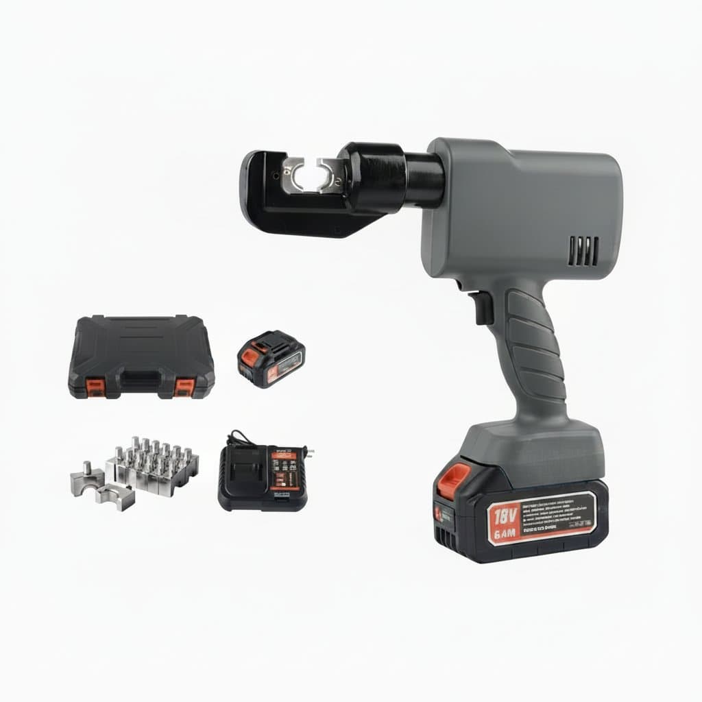 Portable rechargeable hydraulic crimping pliers with lithium battery, an electrical tool for secure wire connections.