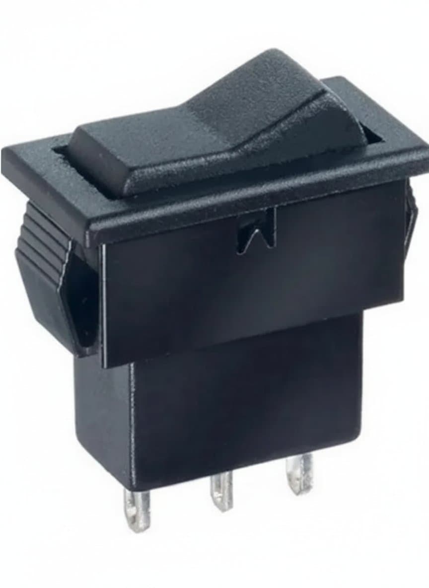 APEM AS36S0200 rocker switch in black with silver actuator, showing ON/OFF markings and screw terminal connections for industrial use.