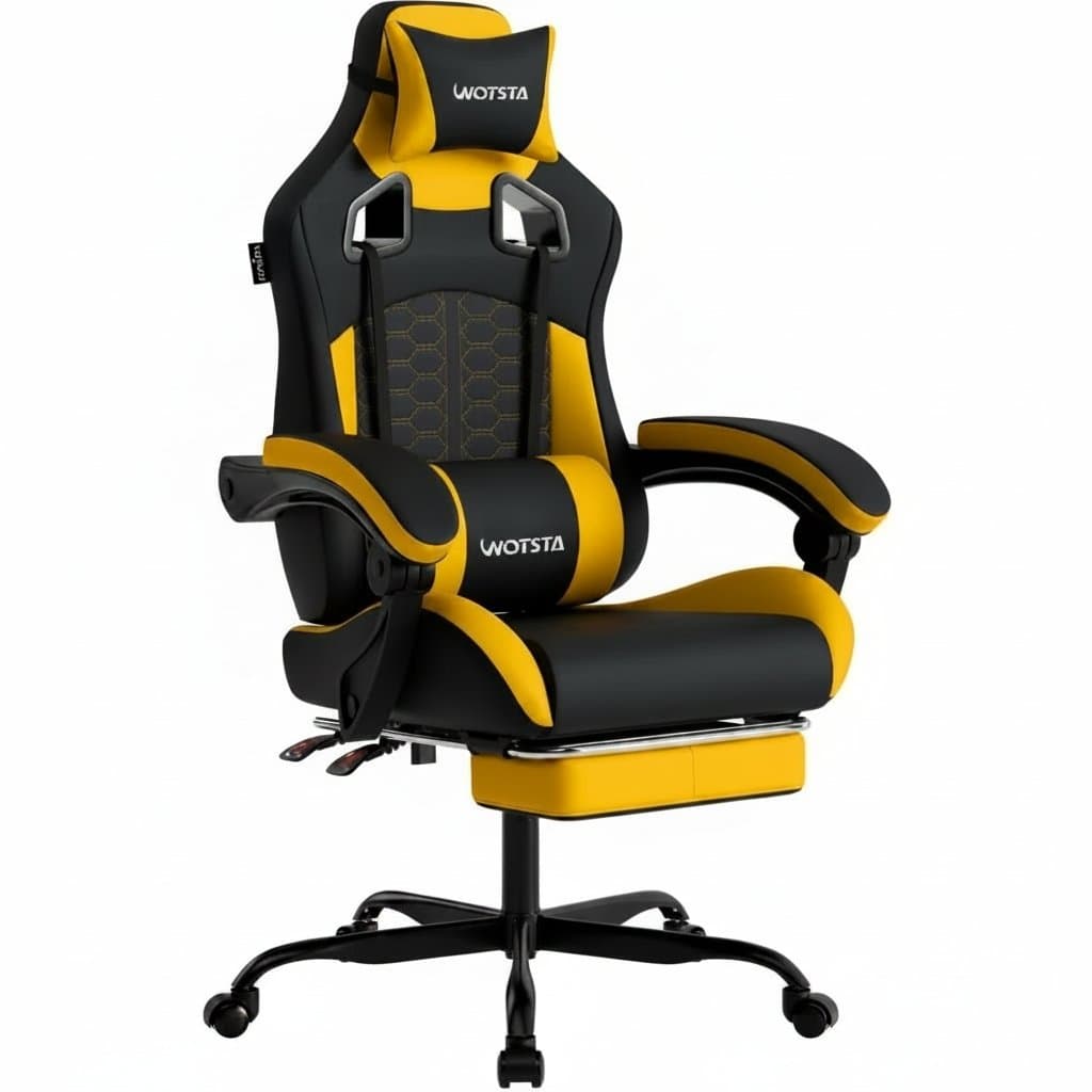Ergonomic gaming chair with massage function, high-back design, adjustable footrest, comfortable headrest, and lumbar support.