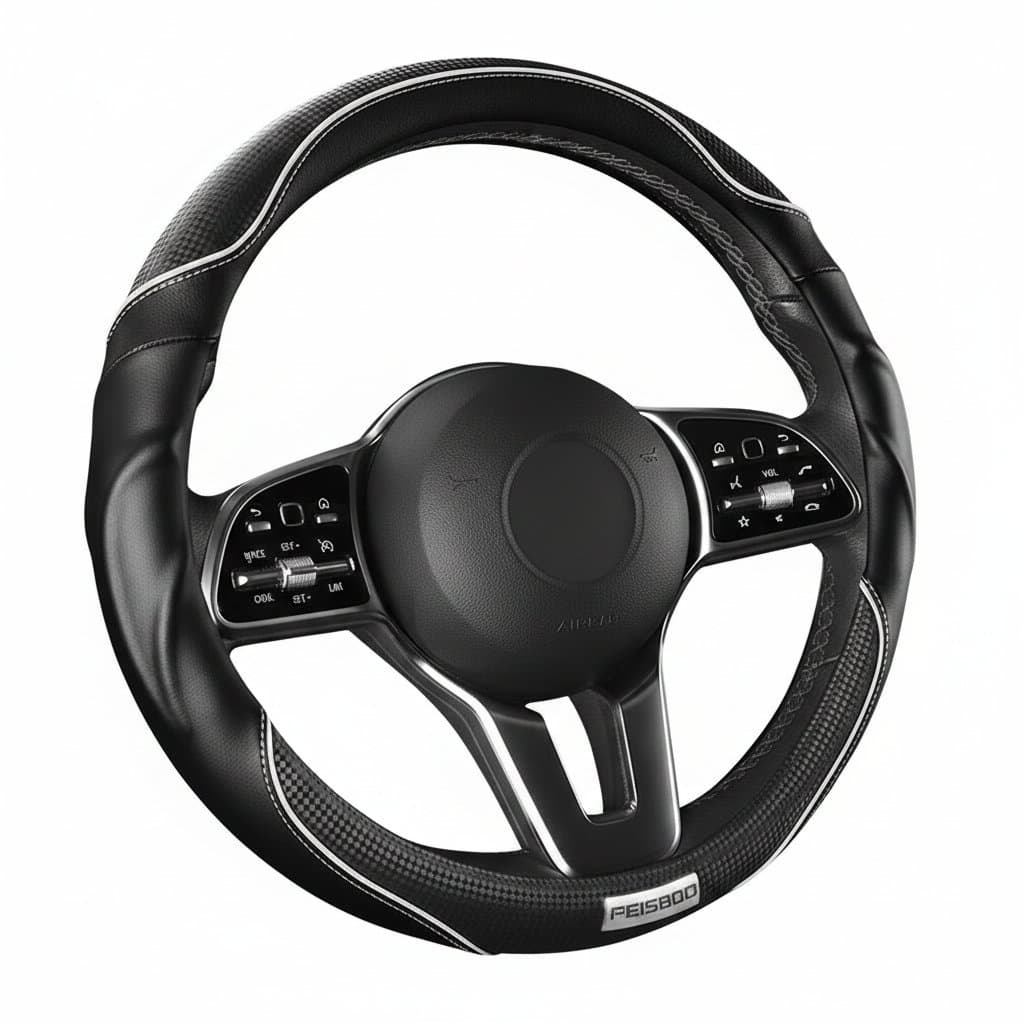 A premium 3D sporty car steering wheel cover, featuring anti-slip, shock-absorbing, and ergonomic grip for enhanced driving.