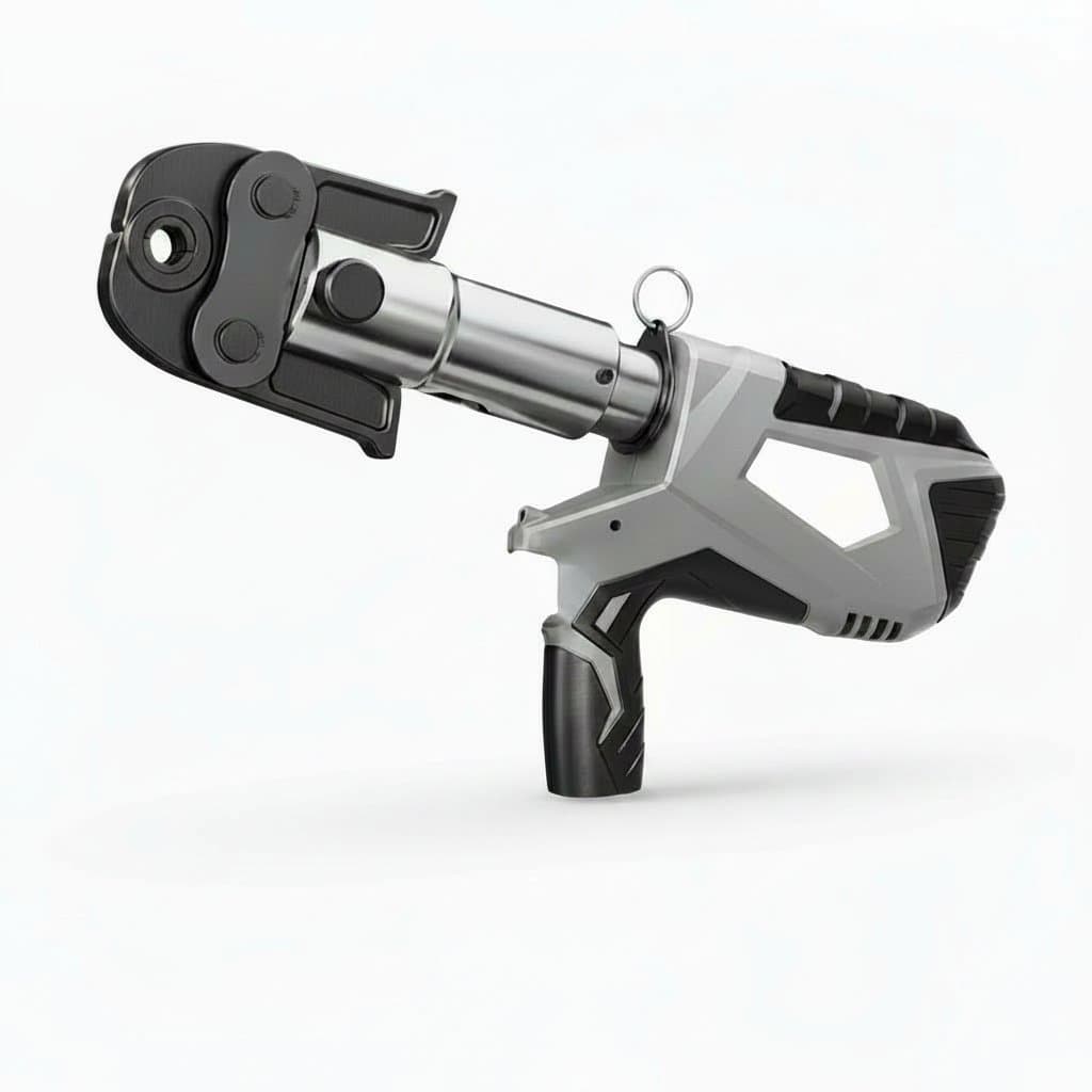Rechargeable hydraulic pliers for crimping stainless steel, copper, and PEX pipes with electric power, featuring a durable metal body.