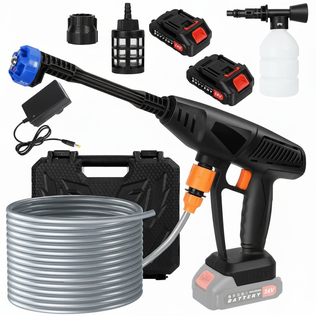 Battery-powered cordless pressure washer featuring 6-in-1 adjustable nozzles for versatile cleaning of vehicles, decks, and outdoor equipment.