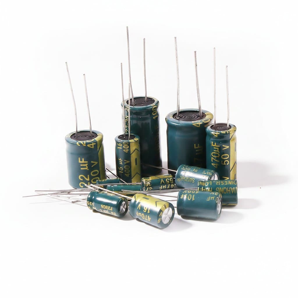 Assorted SMD ceramic capacitors in sizes 0201 to 1206 with capacitance values from 1uF to 47uF and voltage ratings 6.3V to 100V.