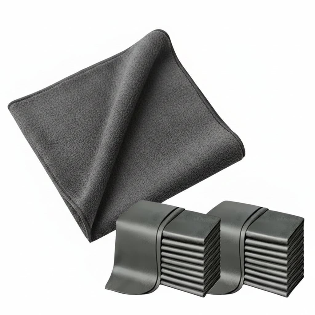 Glass Cleaning Cloths, a stack of blue microfiber cloths.