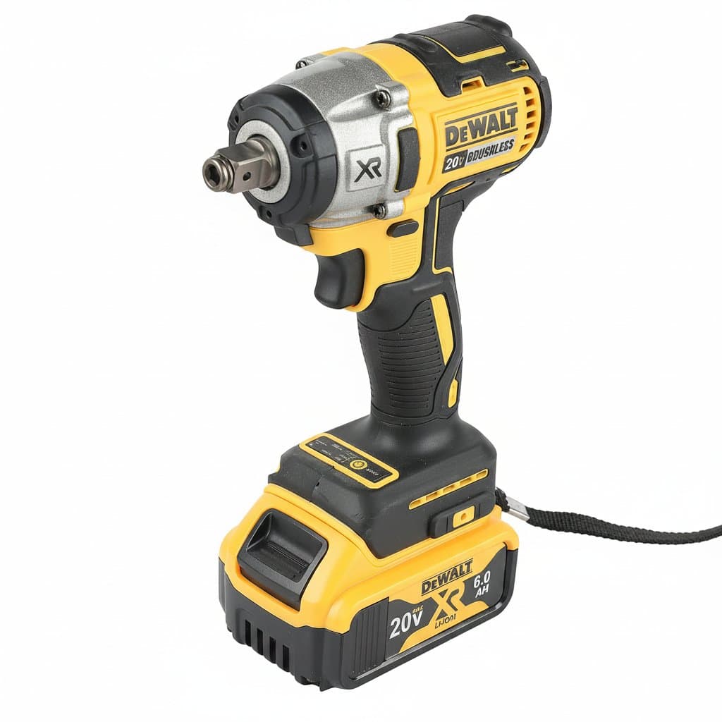 Dewalt DCF880 20V Max XR Brushless Cordless Impact Wrench with 205 Nm torque, shown on a workbench with battery.