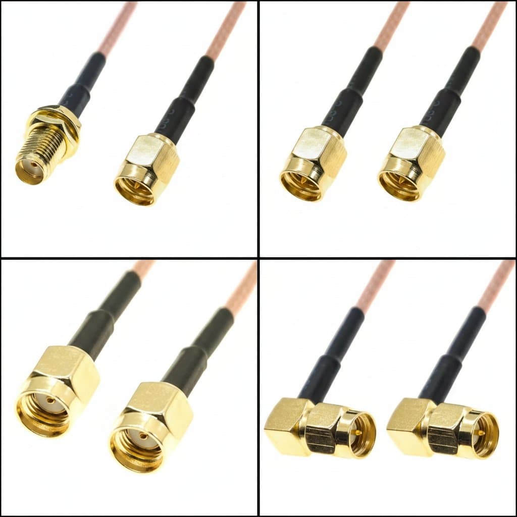 RG316 coaxial cable with SMA male and female crimp connectors, including RPSMA nut and bulkhead extension for RF jumper or pigtail applications.